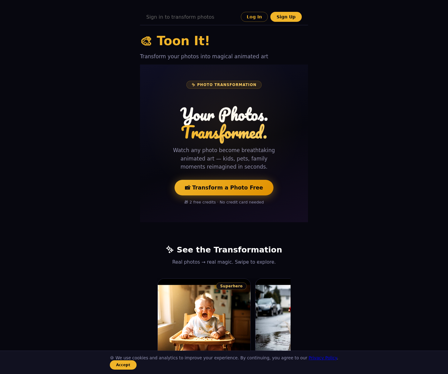 Toon It homepage showing the Log In and Sign Up buttons