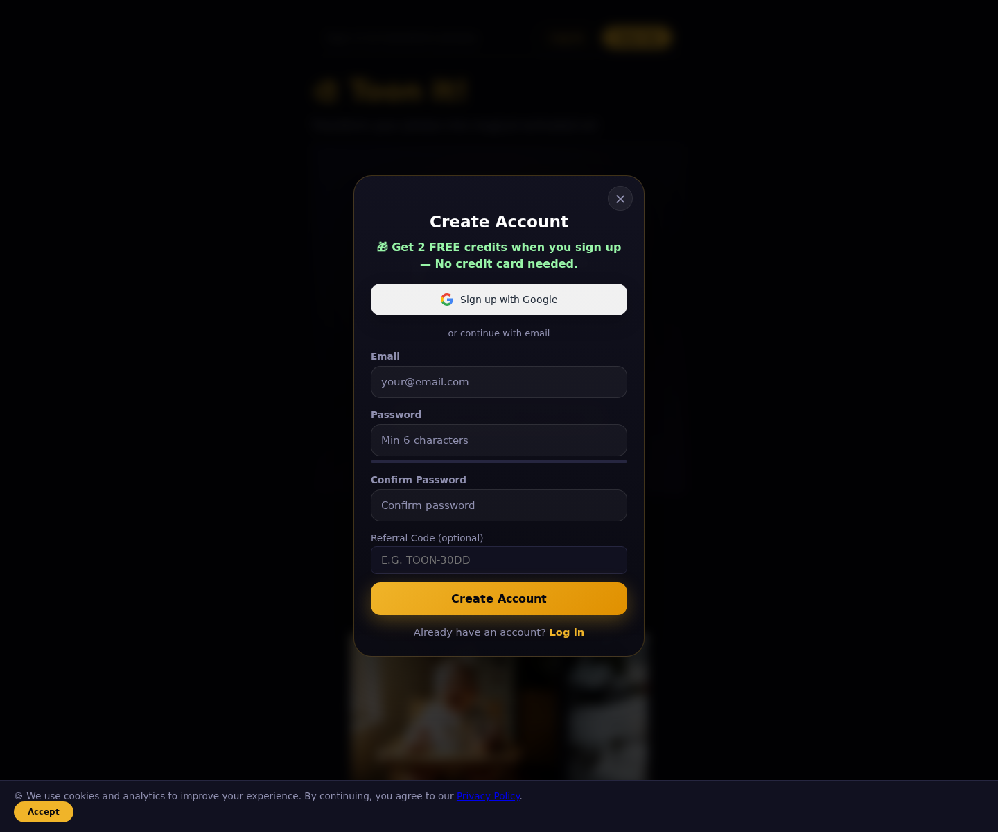 Toon It create account window with Google and email sign up options