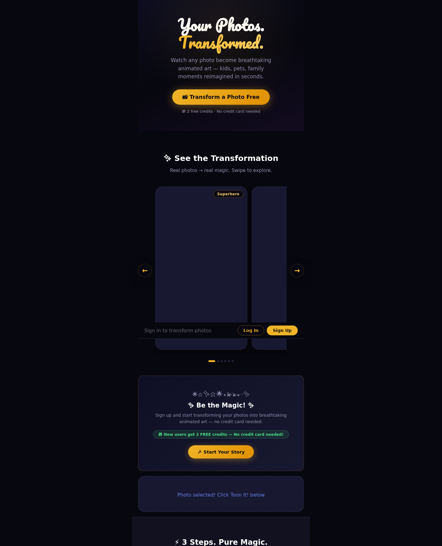 Toon It create area after sign in with the photo upload section visible