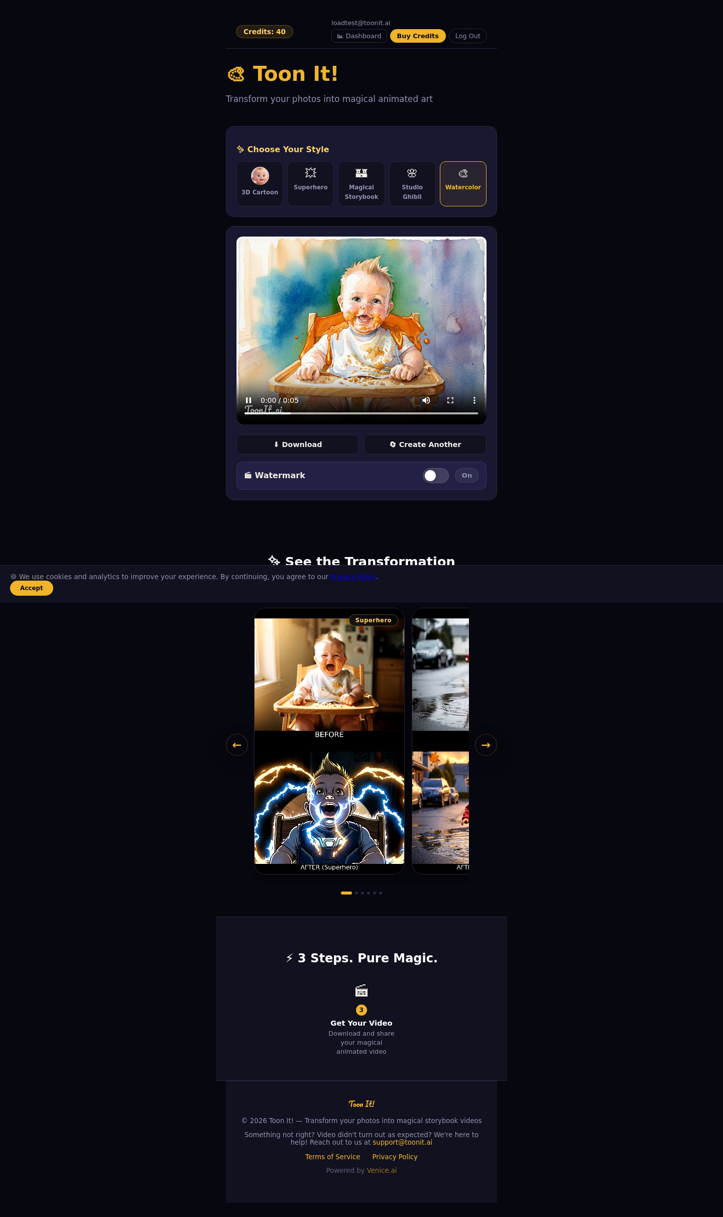 Finished Toon It result with video preview and action buttons